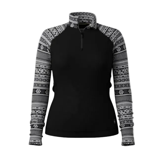 Smartwool Women's Classic Thermal Merino Base Layer 1/4 Zip in Black Fair Isle Fun, front view