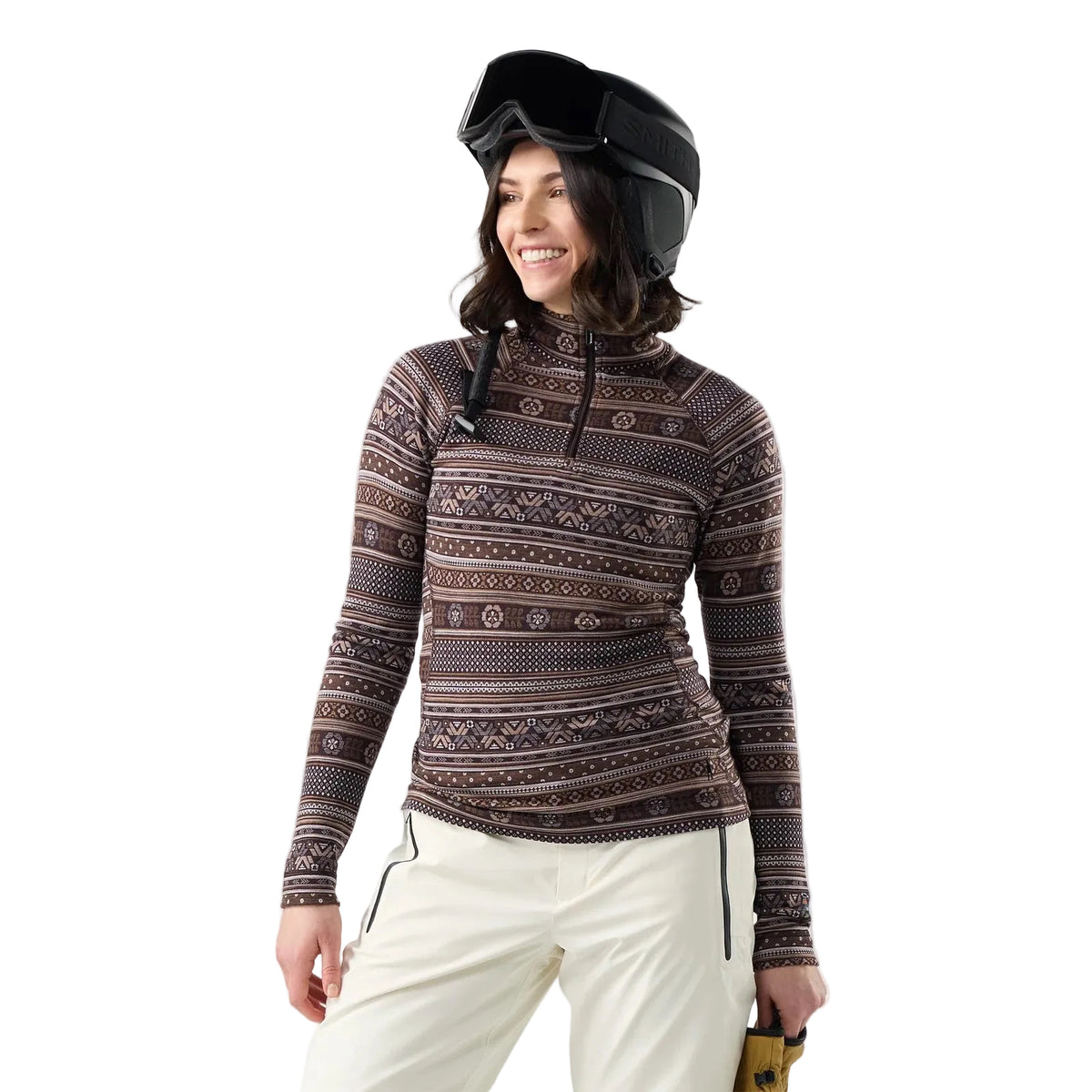Smartwool Women's Classic Thermal Merino Base Layer 1/4 Zip in Mocha Fair Isle Fun, front view