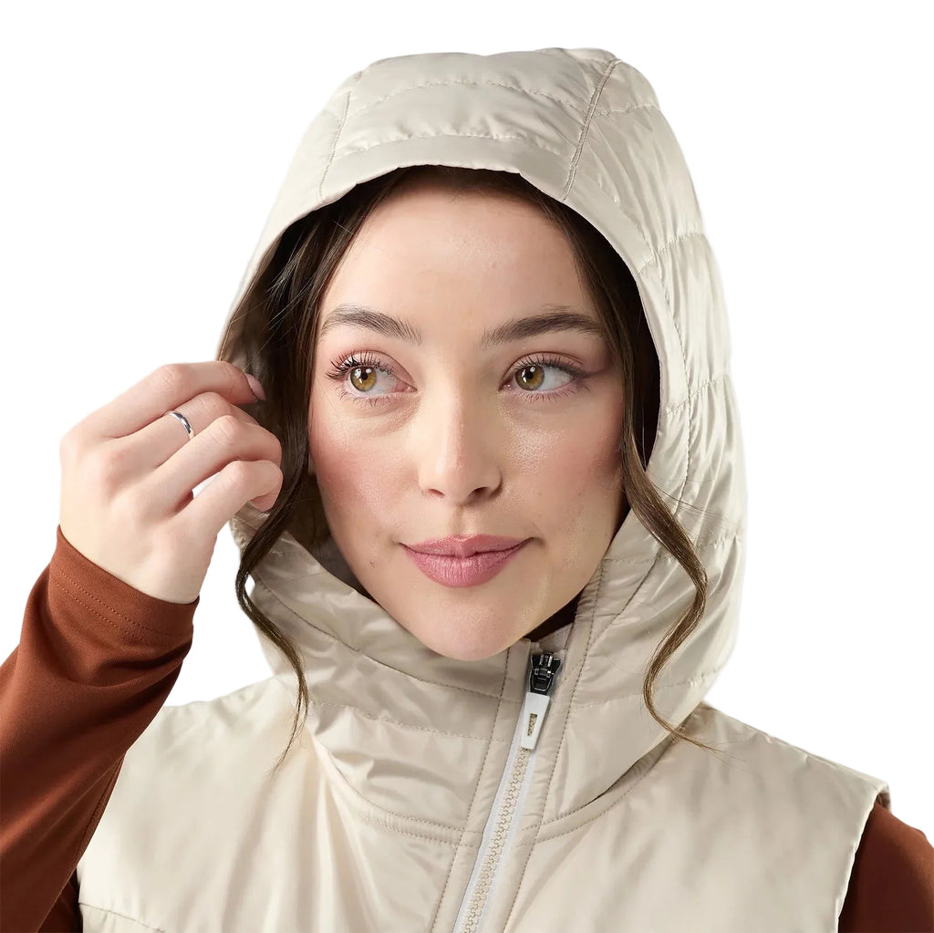 Smartwool Women's Smartloft Vest in Prosecco, model view hood