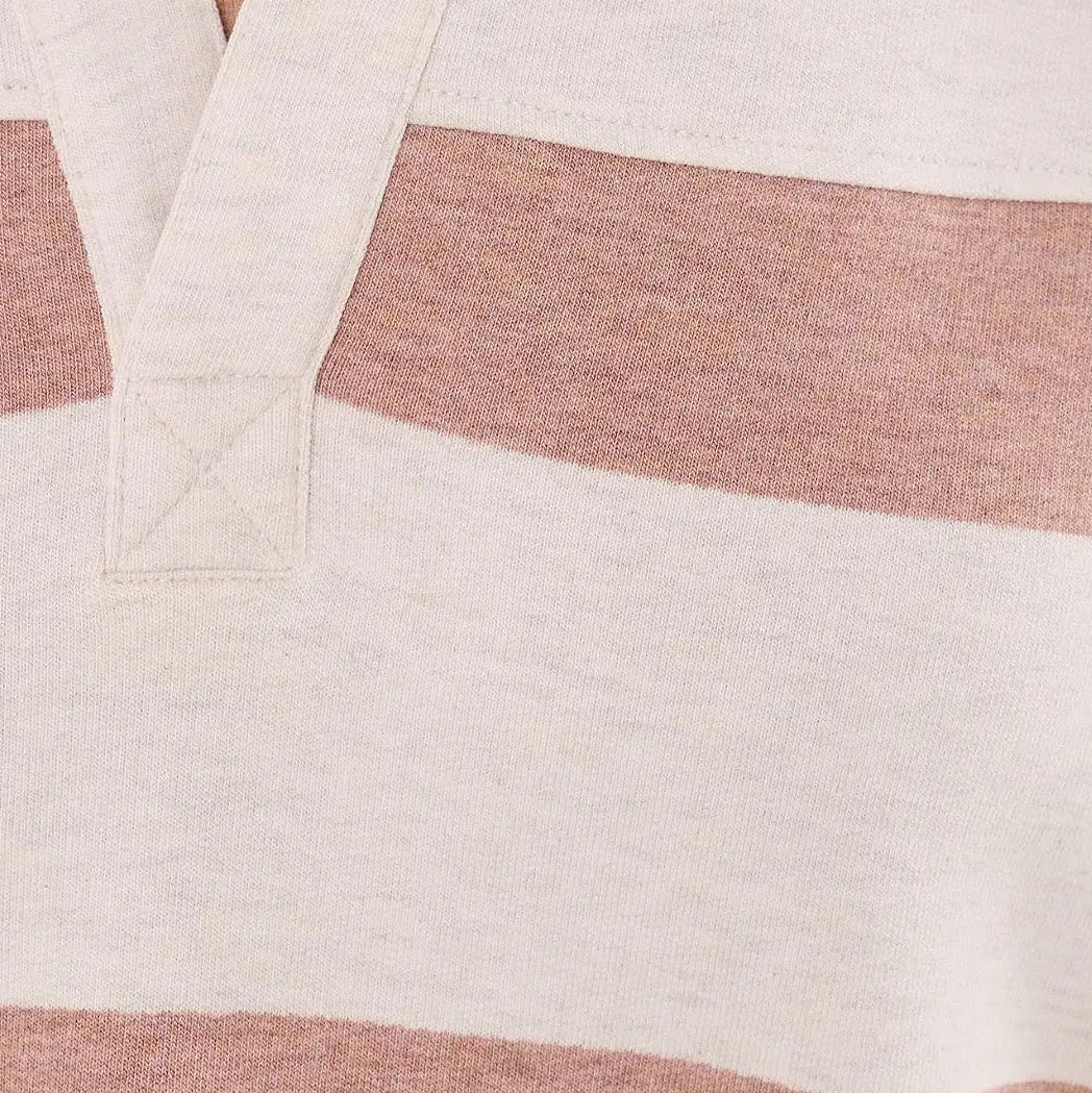 Fabric and stripe detail of tasc Performance FT Polo Sweatshirt Stripe in Coconut Heather/Antique Rosy Heather