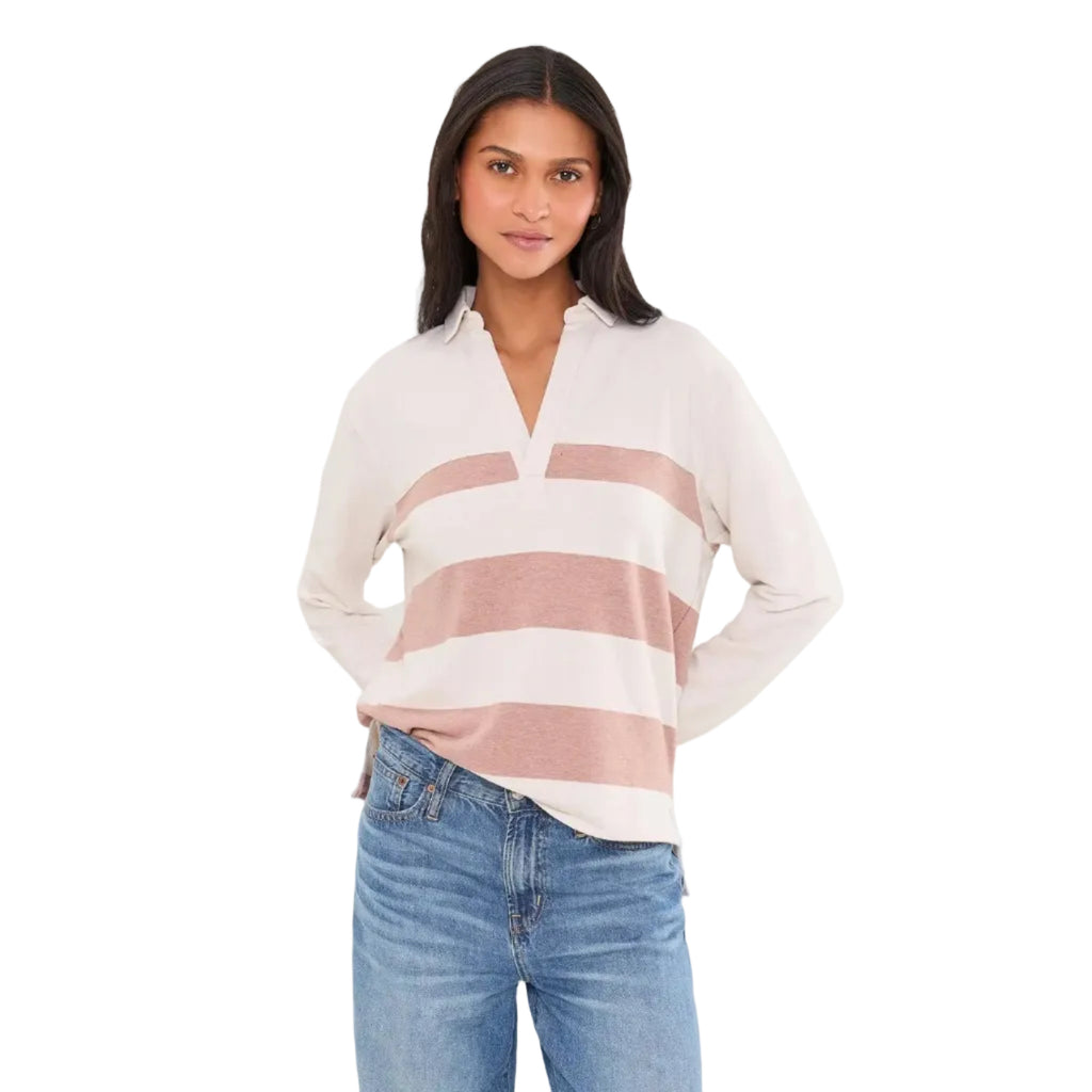 Front view of tasc Performance FT Polo Sweatshirt Stripe in Coconut Heather/Antique Rosy Heather
