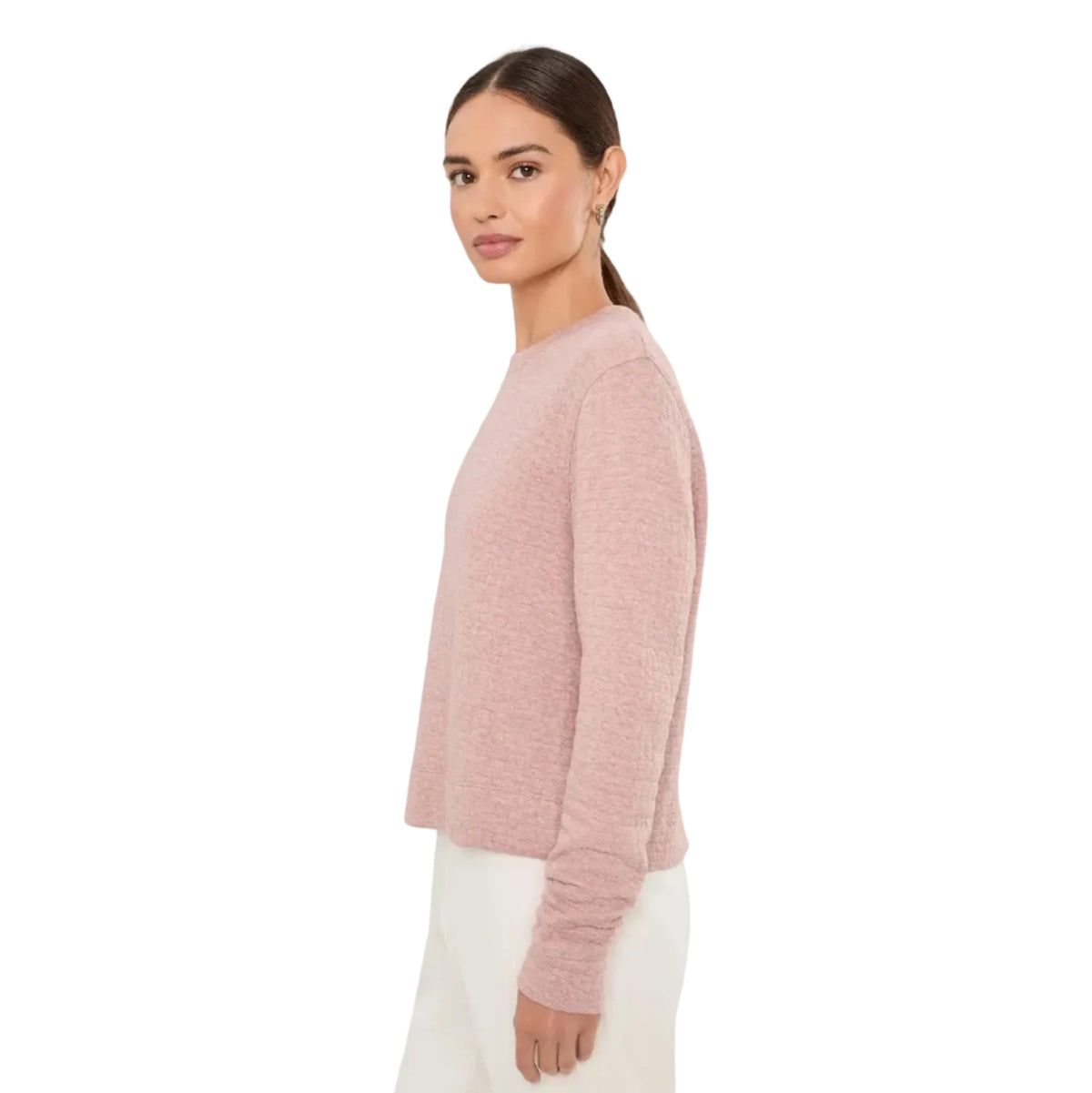 Side view of tasc Performance Sedona Quilt Sweatshirt in Antique Rosy Heather
