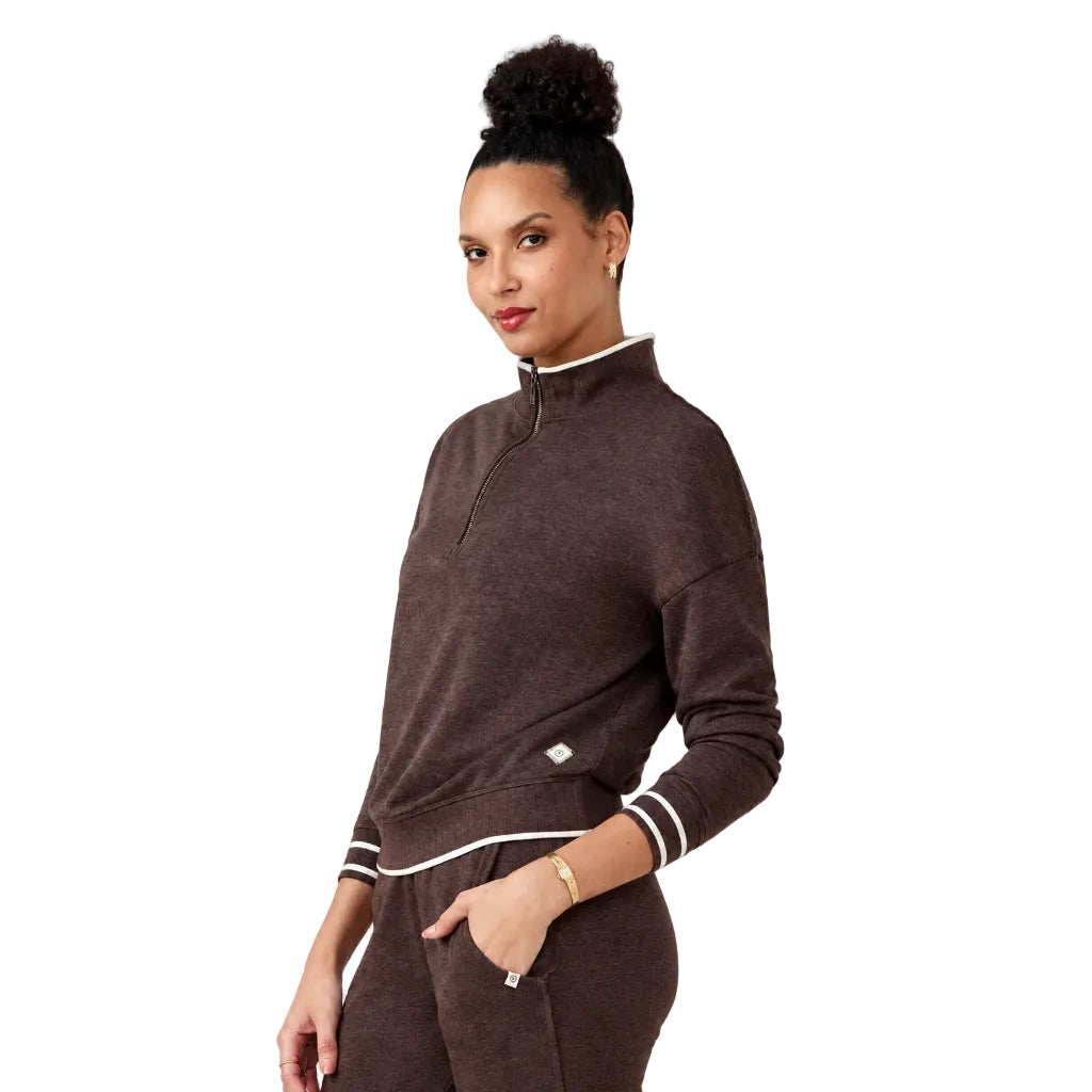 Front view of tasc Performance Stadium FT 1/2 Zip in Mocha Heather