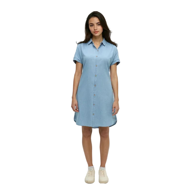 tentree Denim Tern Dress in Light Wash front without tie view