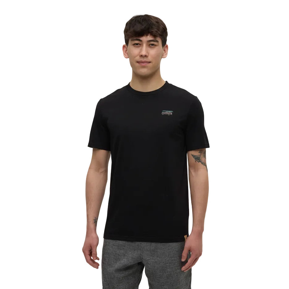 Front view of Tentree Lake T-Shirt in Meteorite Black Lake Day