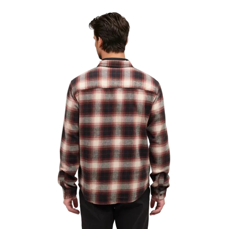Back view of tentree Men’s Forest Flannel Shirt in Red Chestnut/Storm Plaid