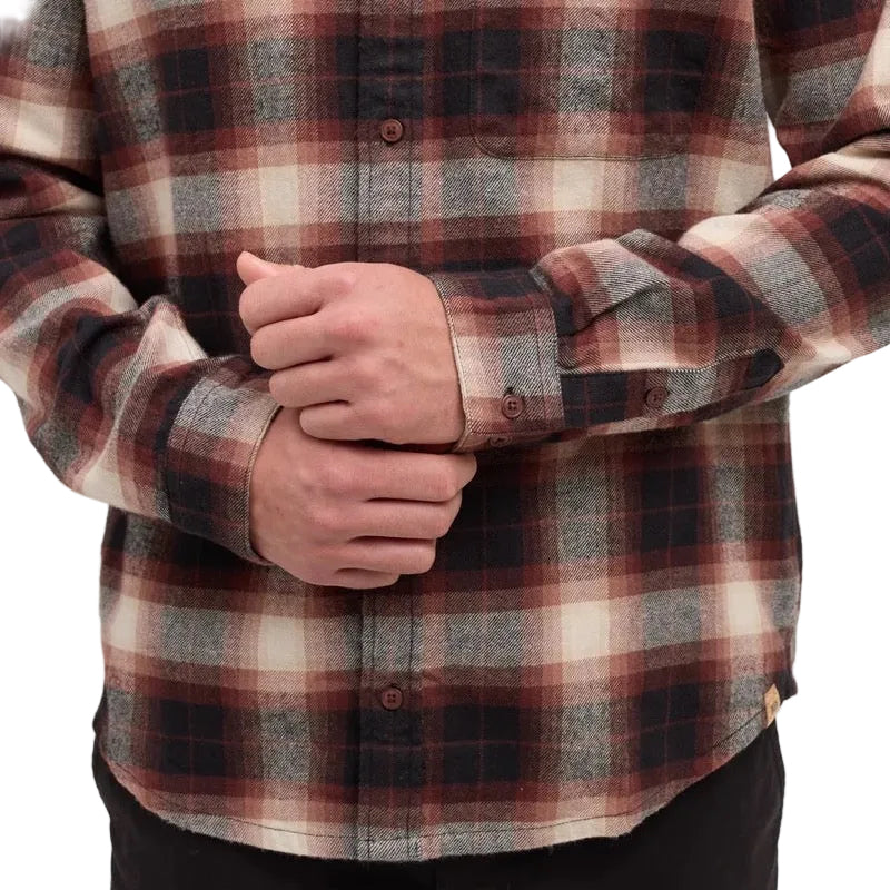 Plaid fabric detail of tentree Men’s Forest Flannel Shirt in Red Chestnut/Storm Plaid
