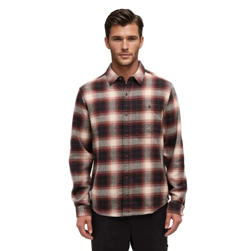 Front view of tentree Men’s Forest Flannel Shirt in Red Chestnut/Storm Plaid