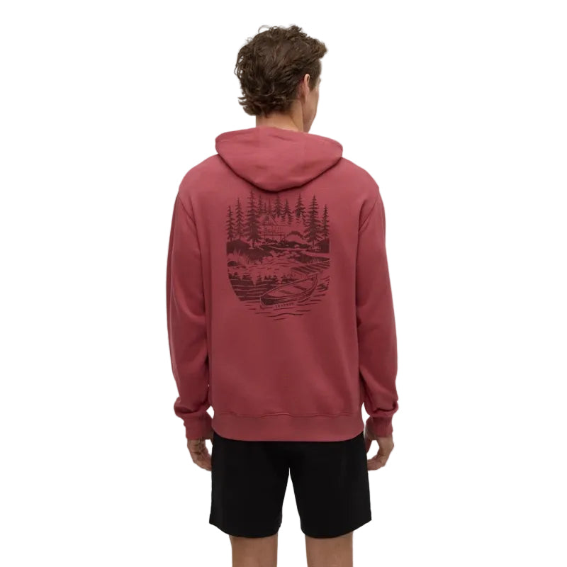 tentree men’s Getaway Relaxed Hoodie in Rosewood and Graphite back view