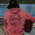 tentree men’s Getaway Relaxed Hoodie in Rosewood and Graphite  lifestyle