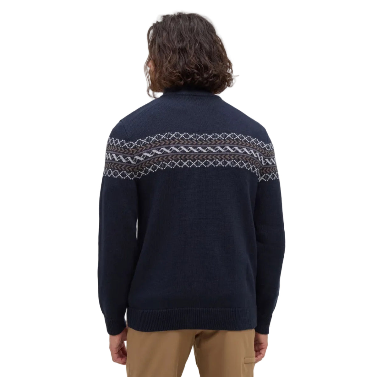 Back view of tentree Men’s Lawrence Sweater in Midnight Blue/Fjord