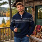 tentree Men’s Lawrence Sweater in Midnight Blue/Fjord worn by model
