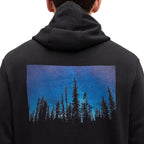 Graphic detail of tentree Men’s Parks Midnight Forest Hoodie in Meteorite Black/Midnight Forest