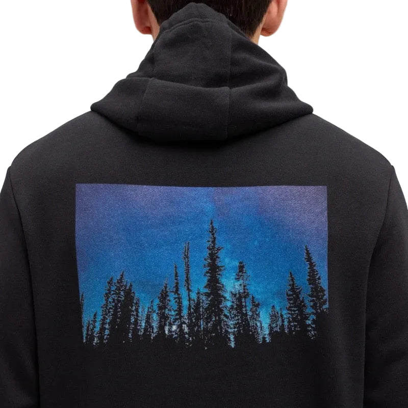Graphic detail of tentree Men’s Parks Midnight Forest Hoodie in Meteorite Black/Midnight Forest