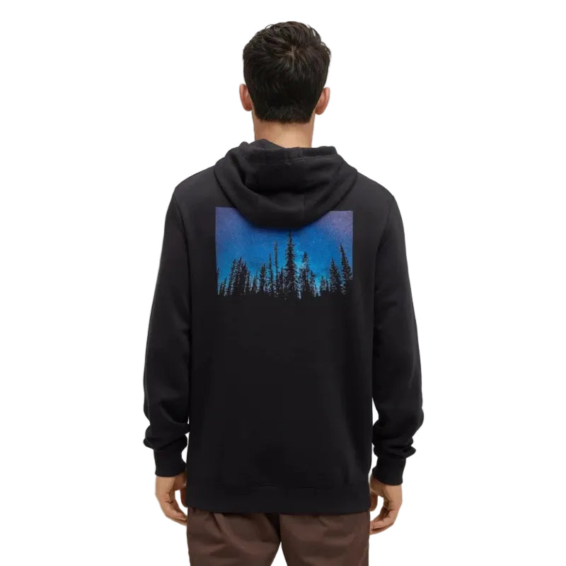 Back view of tentree Men’s Parks Midnight Forest Hoodie in Meteorite Black/Midnight Forest