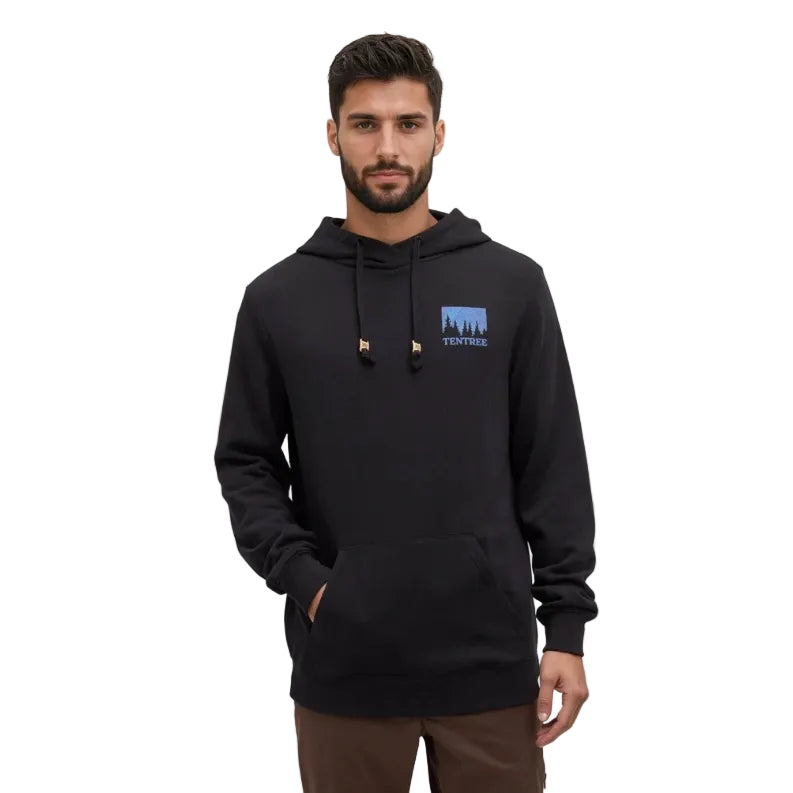 Front view of tentree Men’s Parks Midnight Forest Hoodie in Meteorite Black/Midnight Forest