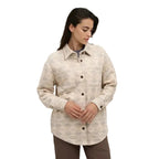 Front view of tentree Women’s Dunes Shacket in Pale Oak Heather V2/Evergreen Ridge