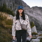 tentree Women’s Palisade Full Zip in White Oak/Sunset Plains worn outdoors