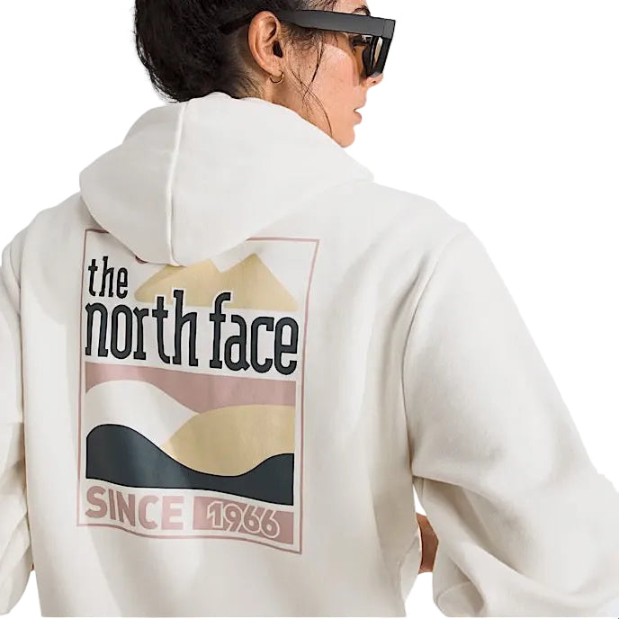 The North Face Women’s Exploring Since ’66 Hoodie in White Dune graphic and fabric detail