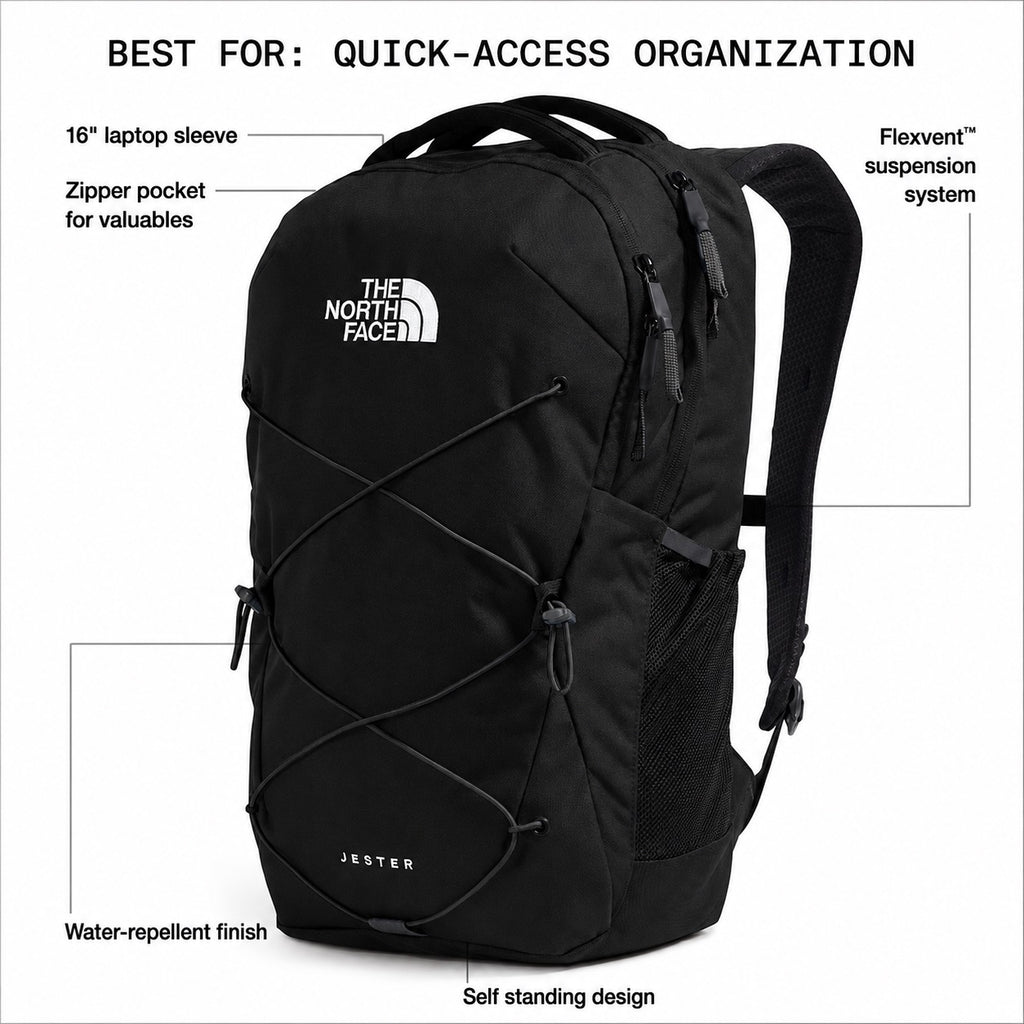The North Face Jester Backpack in Black-NPF exterior detail view
