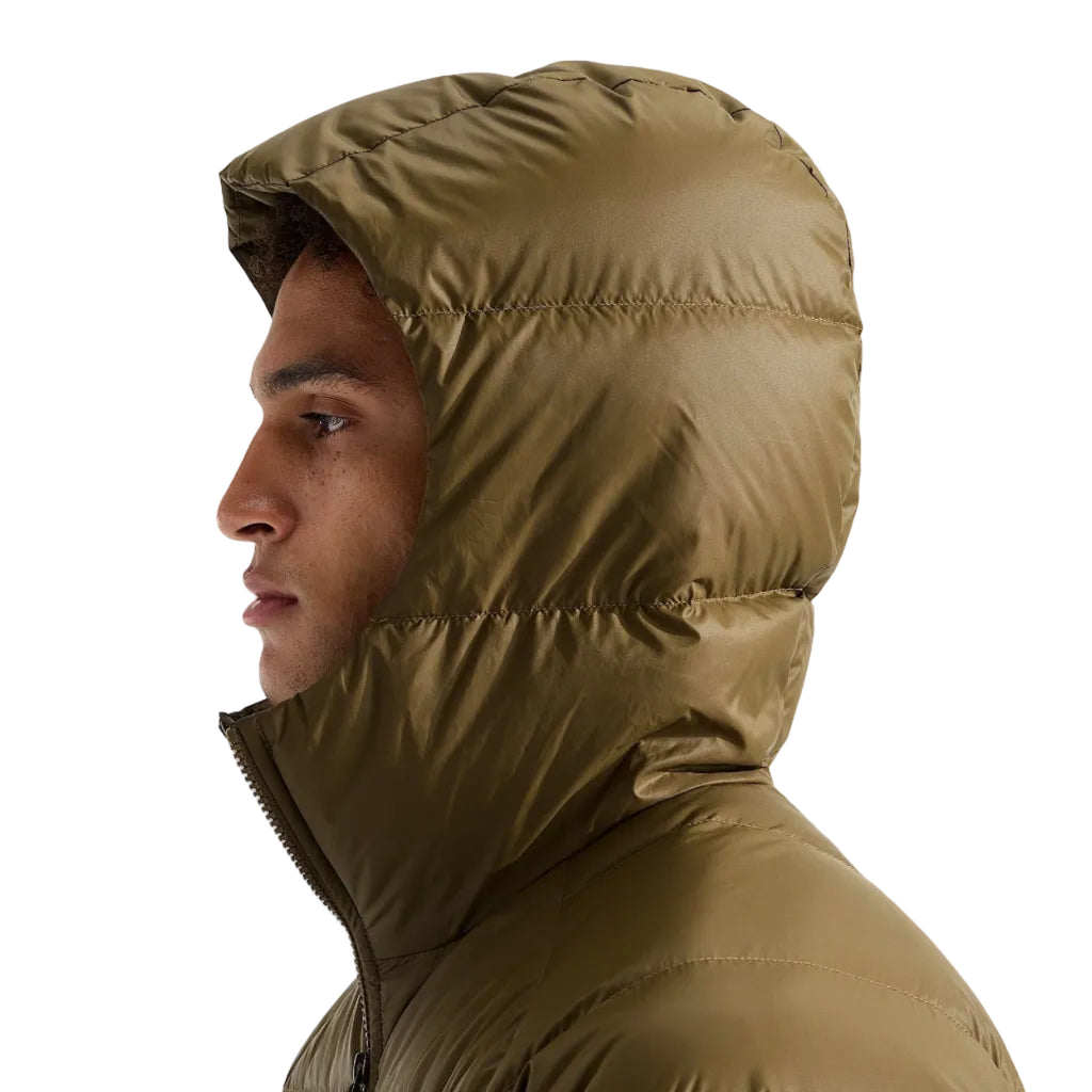 Fabric and down insulation detail of The North Face Men’s Hydrenalite Down Hoodie in Caraway Seed