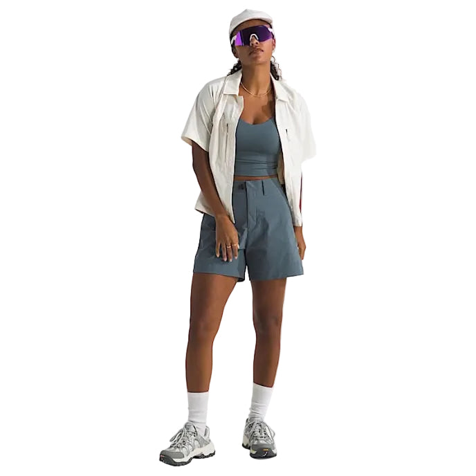 Full-body view of woman wearing The North Face Basin Short 5" in Granite Grey