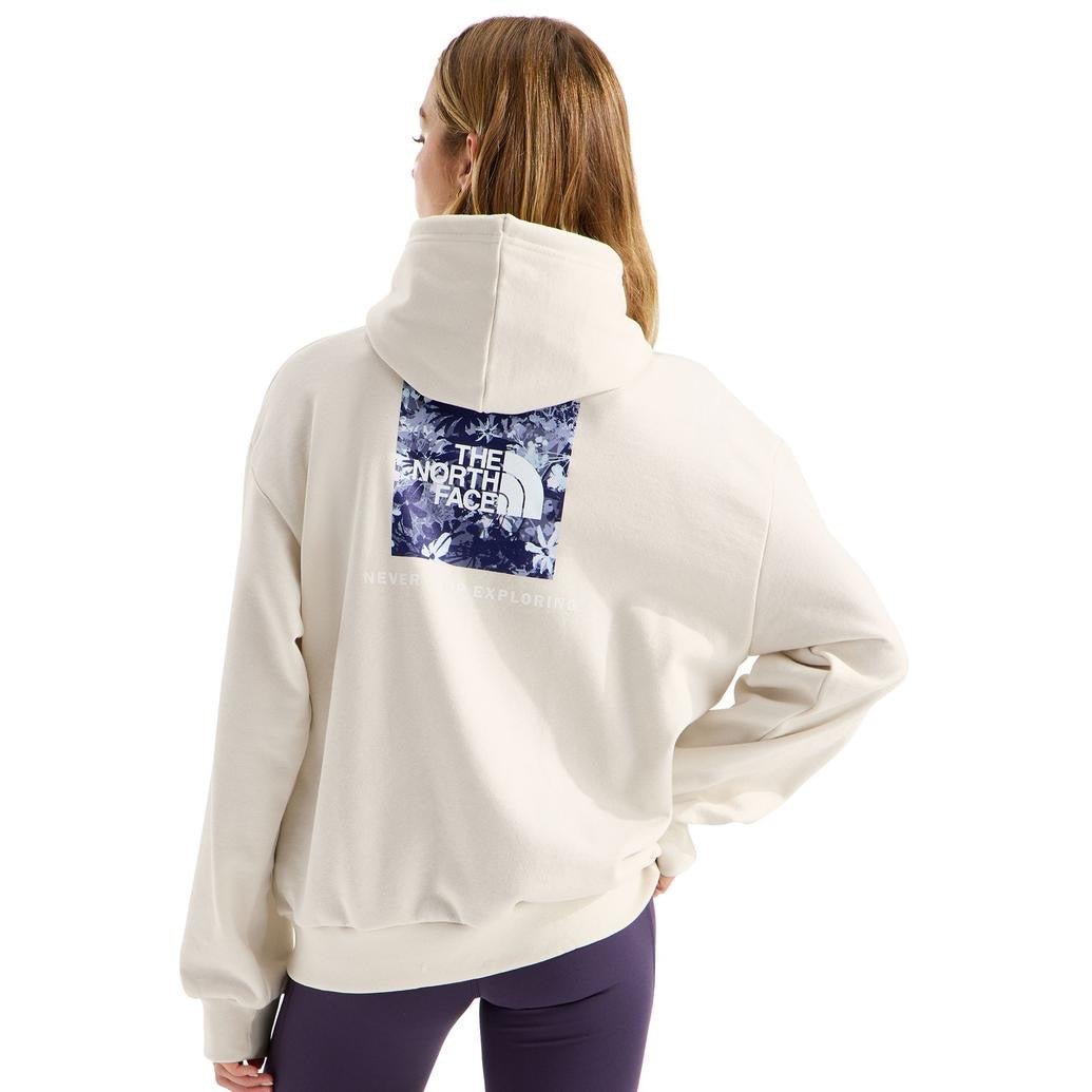 The North Face Women’s Evolution Moon Florals Oversize Hoodie in White Dune showing back floral graphic