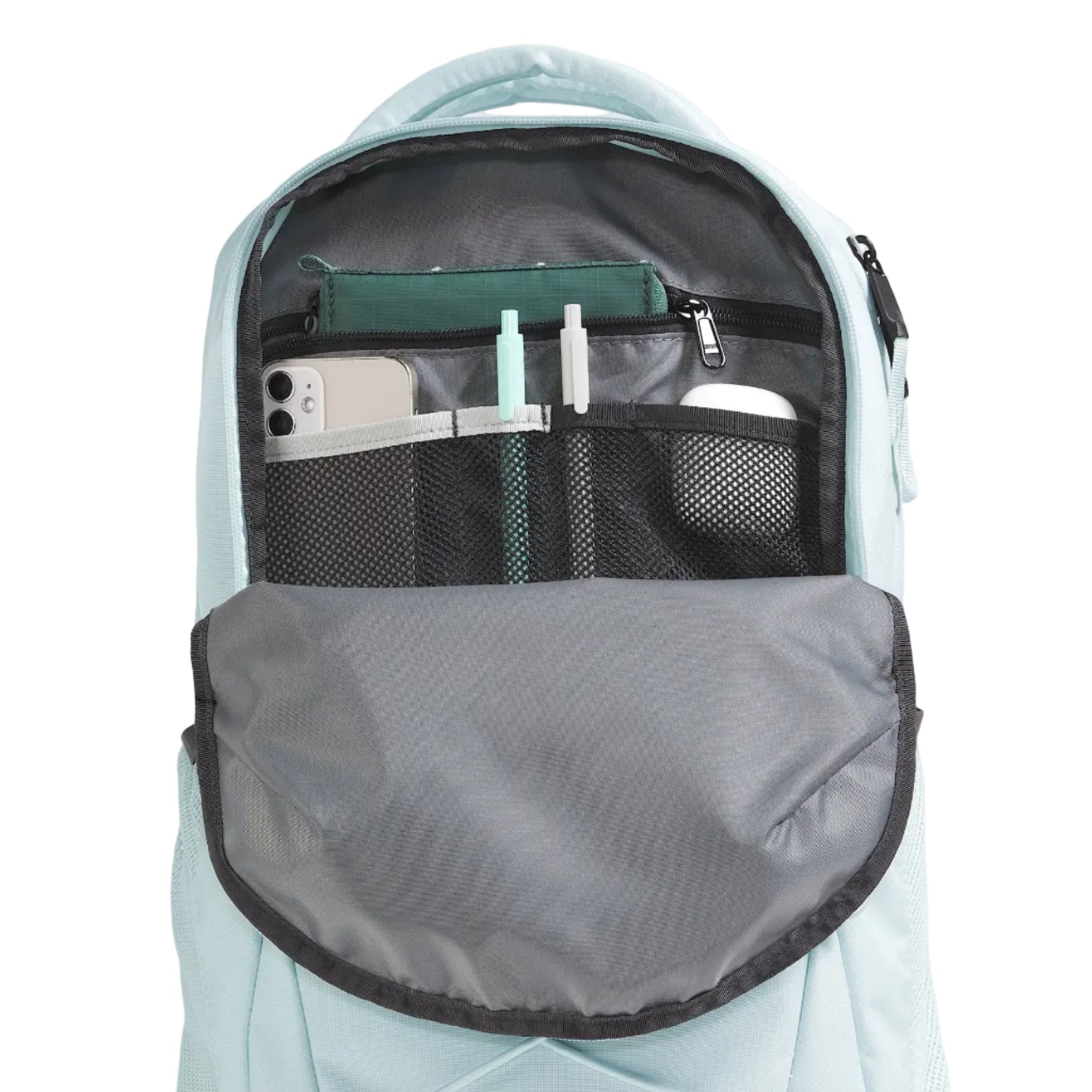The North Face Women's Jester Backpack in Ice Blue/TNF Black pocket detail view