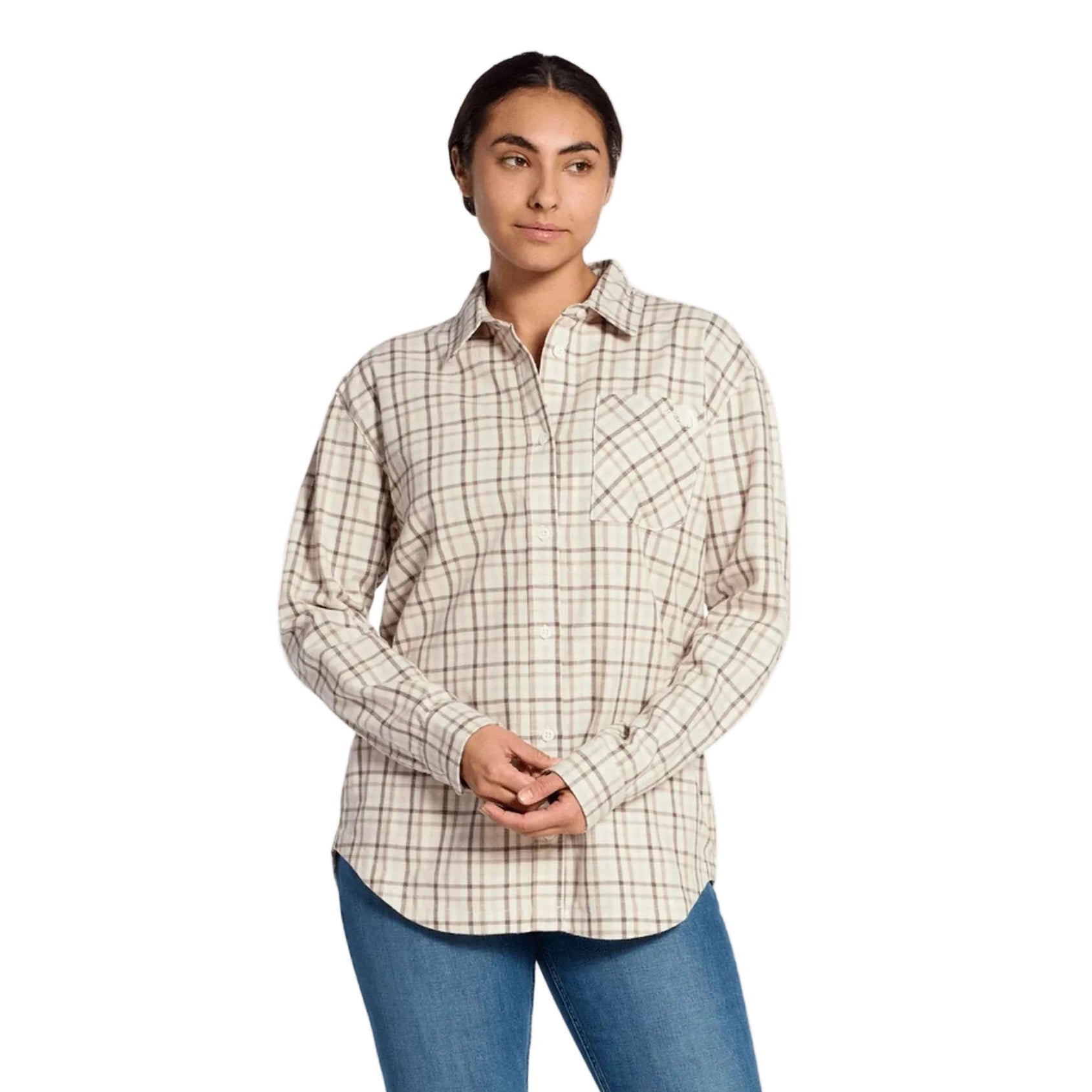 The North Face Women's Mountain Falls Flannel Shirt in White Dune Mini Shadow Plaid front view