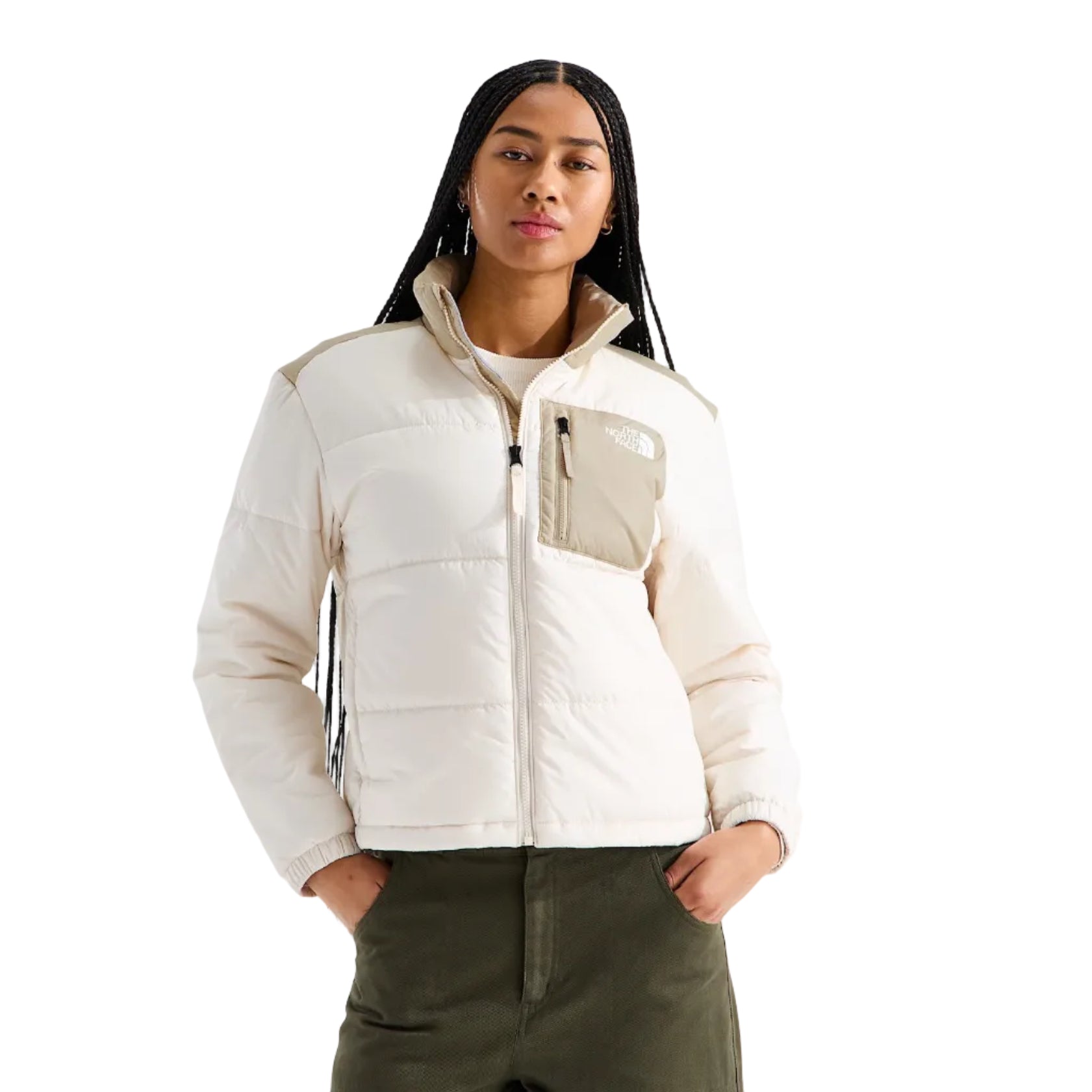 The North Face Women's Nuketo Synthetic Insulated Jacket in White Dune/Desert Stone front view