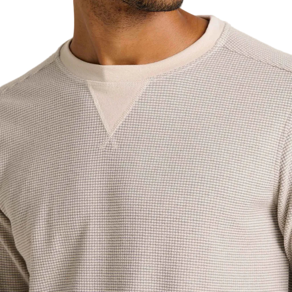 Detail of Toad & Co Men's Framer LS Crew in Heather Grey Stripe