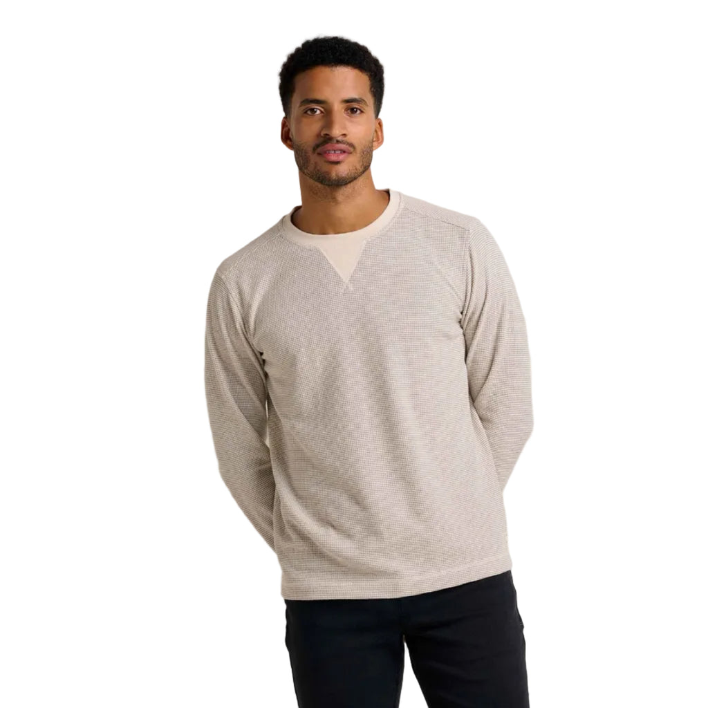 Toad & Co Men's Framer LS Crew in Heather Grey Stripe front view
