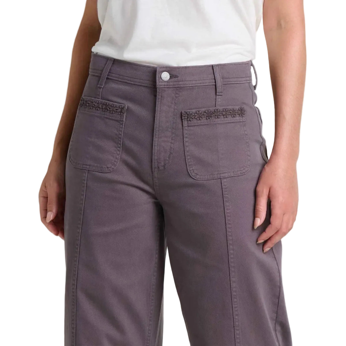 Detail of Toad & Co Women's Linden Wide Leg Pant in Ash Embroidery