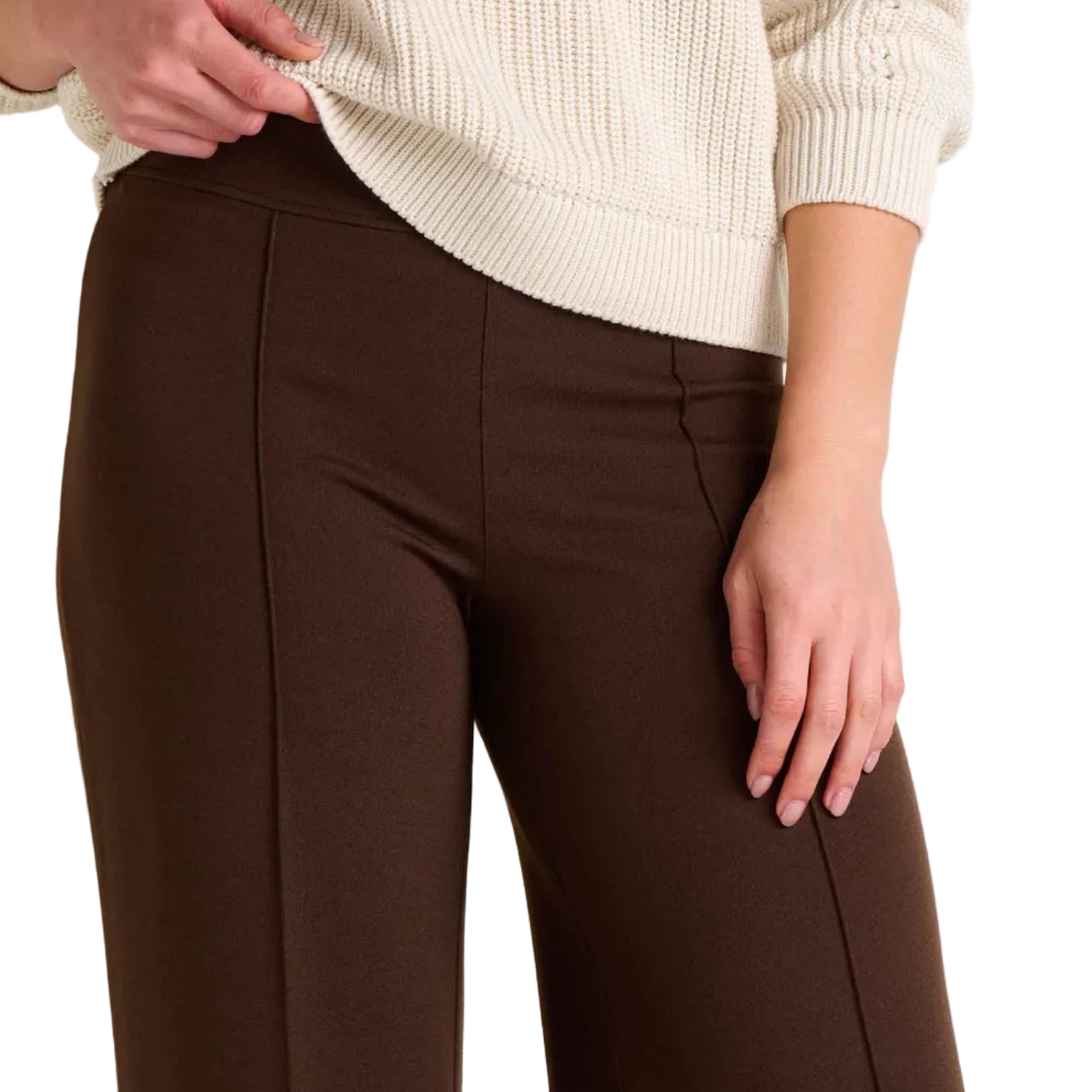 Detail of Toad & Co Women's Mason St. Ponte Wide Leg Pant in Chestnut
