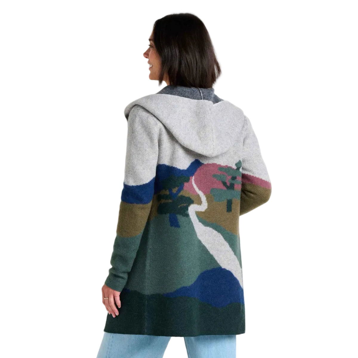 Back view of Toad&Co Women's Merino Heartfelt Hoodie in Pelican Pattern
