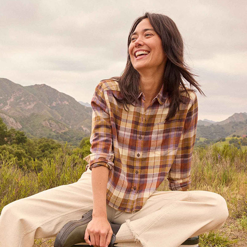 Women's Toad & Co Re-Form Flannel Boxy Shirt in Aster Madras lifestyle view