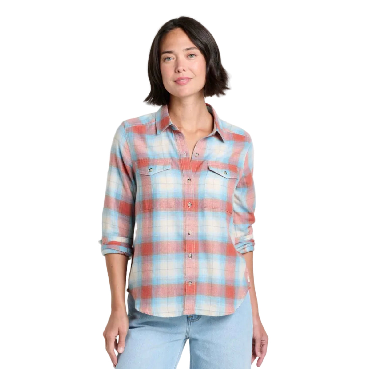 Toad & Co Women's Re-Form LS Shirt in Almond Pattern front view