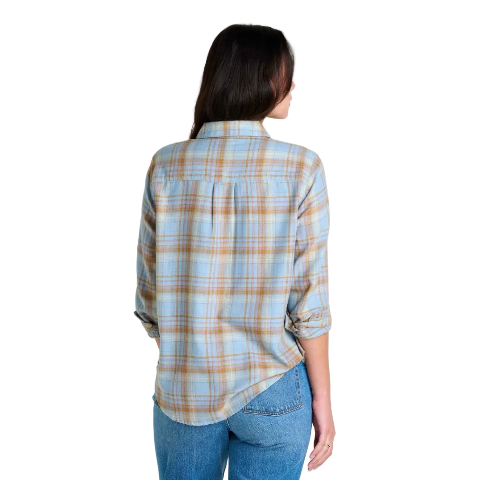 Toad & Co Women's Re-Form LS Shirt in Weathered Blue Pattern back view