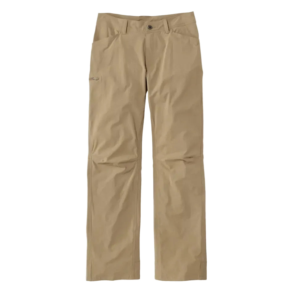 Close-up of the Women's No Fly Zone Mid-Rise Pants in Briar showing durable 95% nylon and 5% spandex fabric