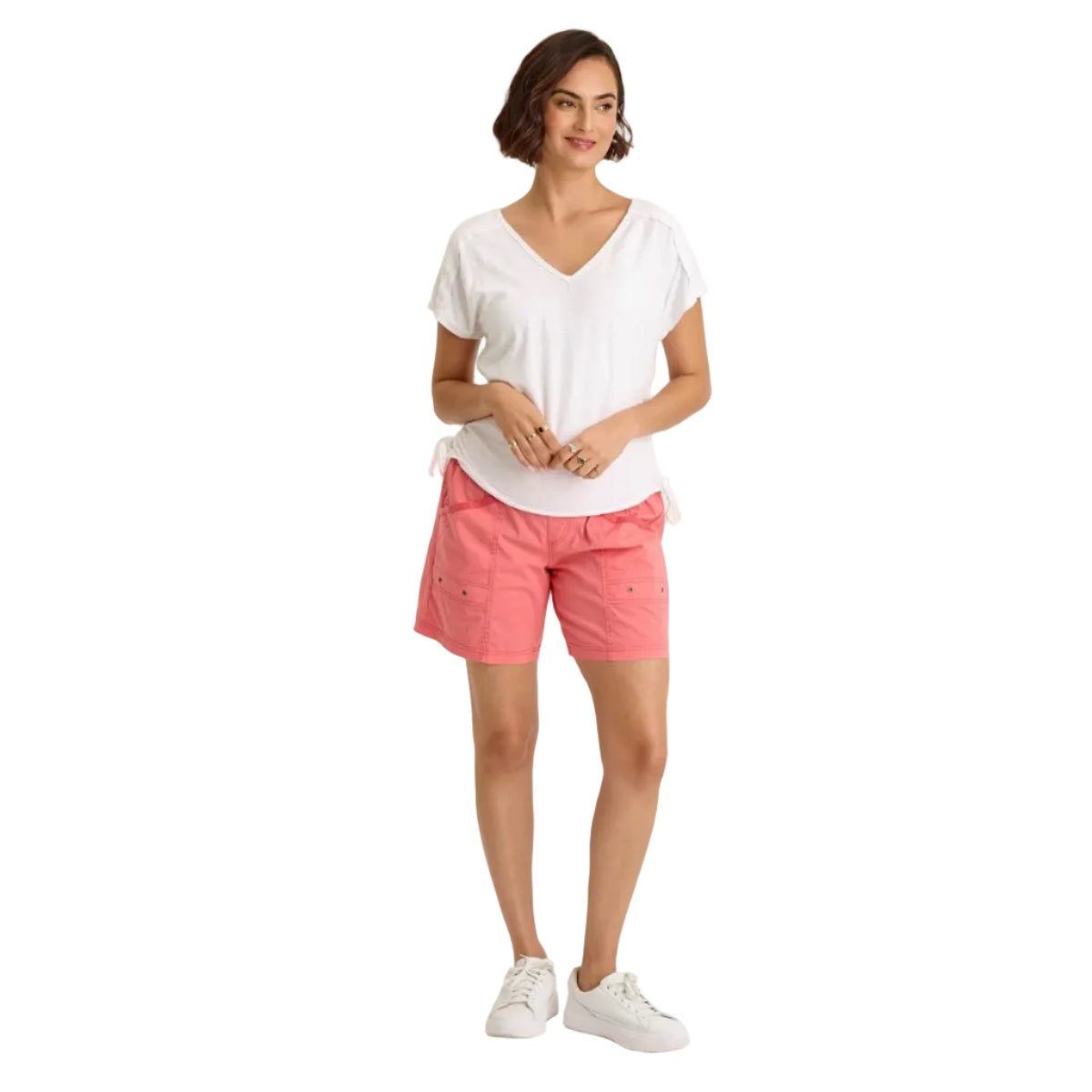 Full-body view of the XCVI Greta Poplin Smocked-Waist Short in Retrograde Pigment